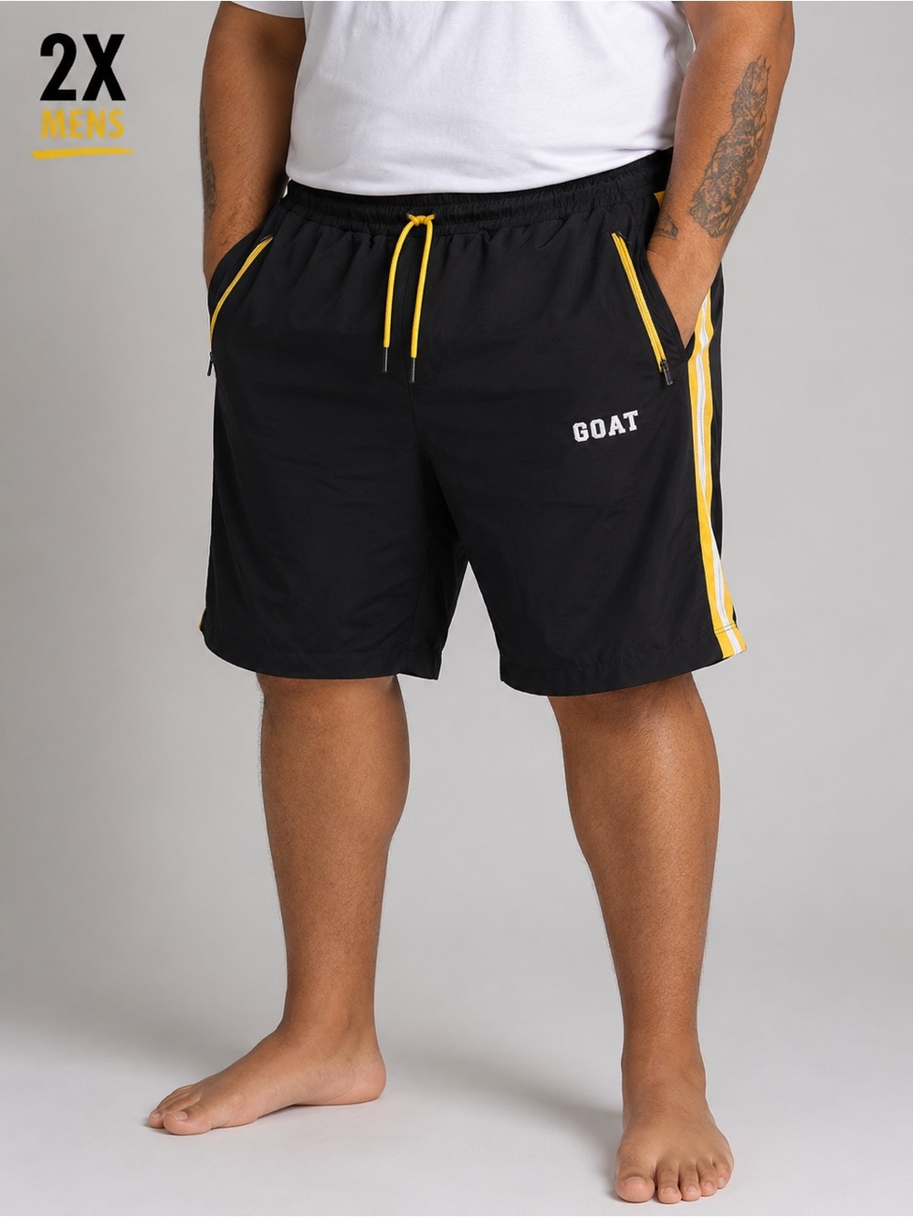 GOAT Men’s Black Athletic Shorts with Yellow Trim 2X with zipper pockets